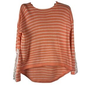 Women's Orange‎ White Striped Crochet Sleeve Hoodie Sweater Size Medium